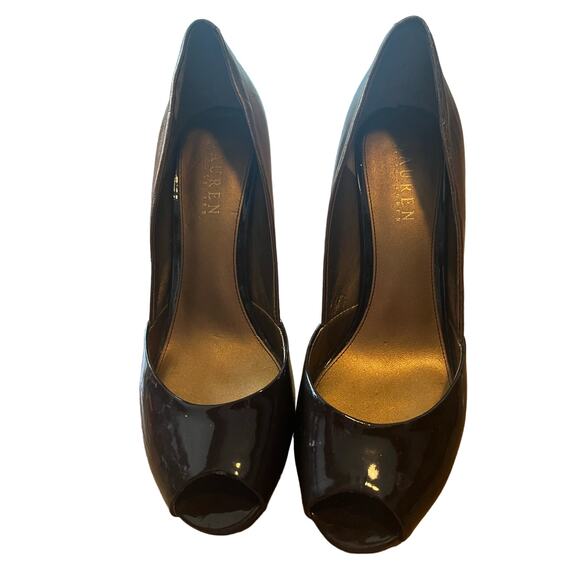 Lauren Ralph Lauren brown/bronze peep toe 3 1/2" heels Excellent Luxury - Picture 1 of 5